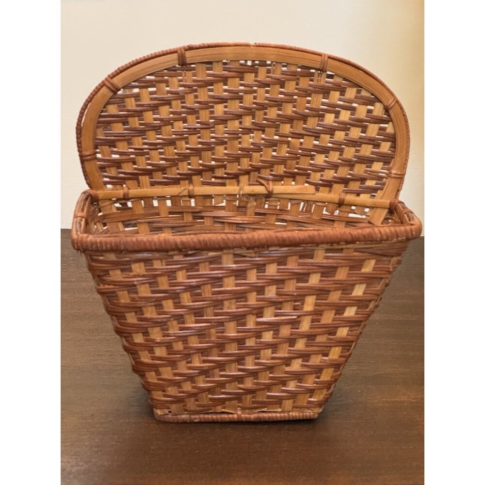 Woven Wicker Basket Two Tone Brown Pocket Flat Back Boho Farmhouse Decor Storage